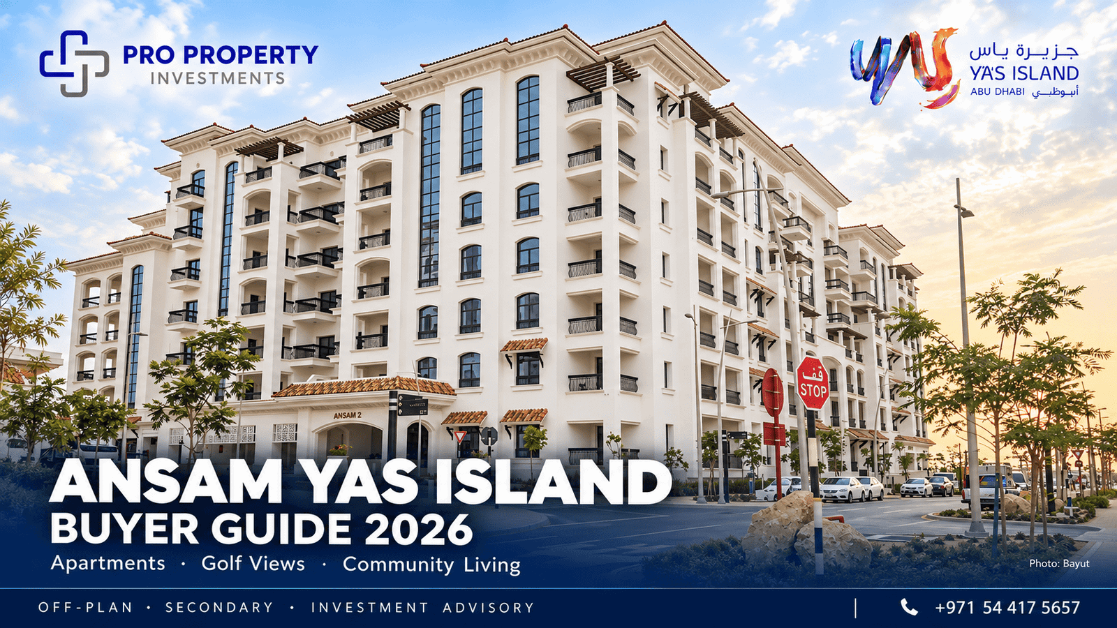 Ansam 2 apartment building on Yas Island with balconies and terracotta roof details, featured on PPI’s 2026 buyer guide cover.