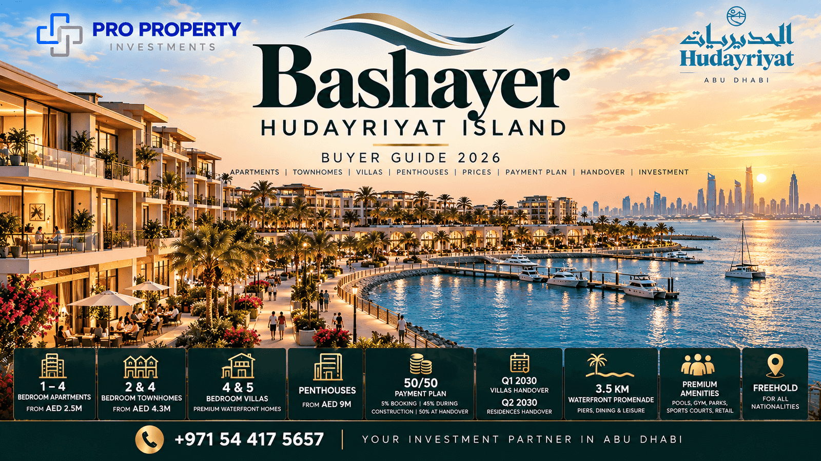 Bashayer Hudayriyat Island waterfront residences with apartments, townhomes, villas, marina promenade and Abu Dhabi skyline views.