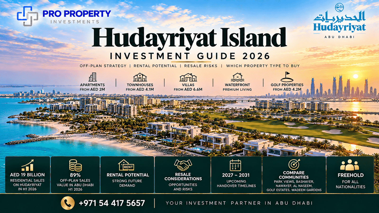 Hudayriyat Island investment guide showing apartments, townhouses, villas, golf communities, waterfront homes and Abu Dhabi skyline.