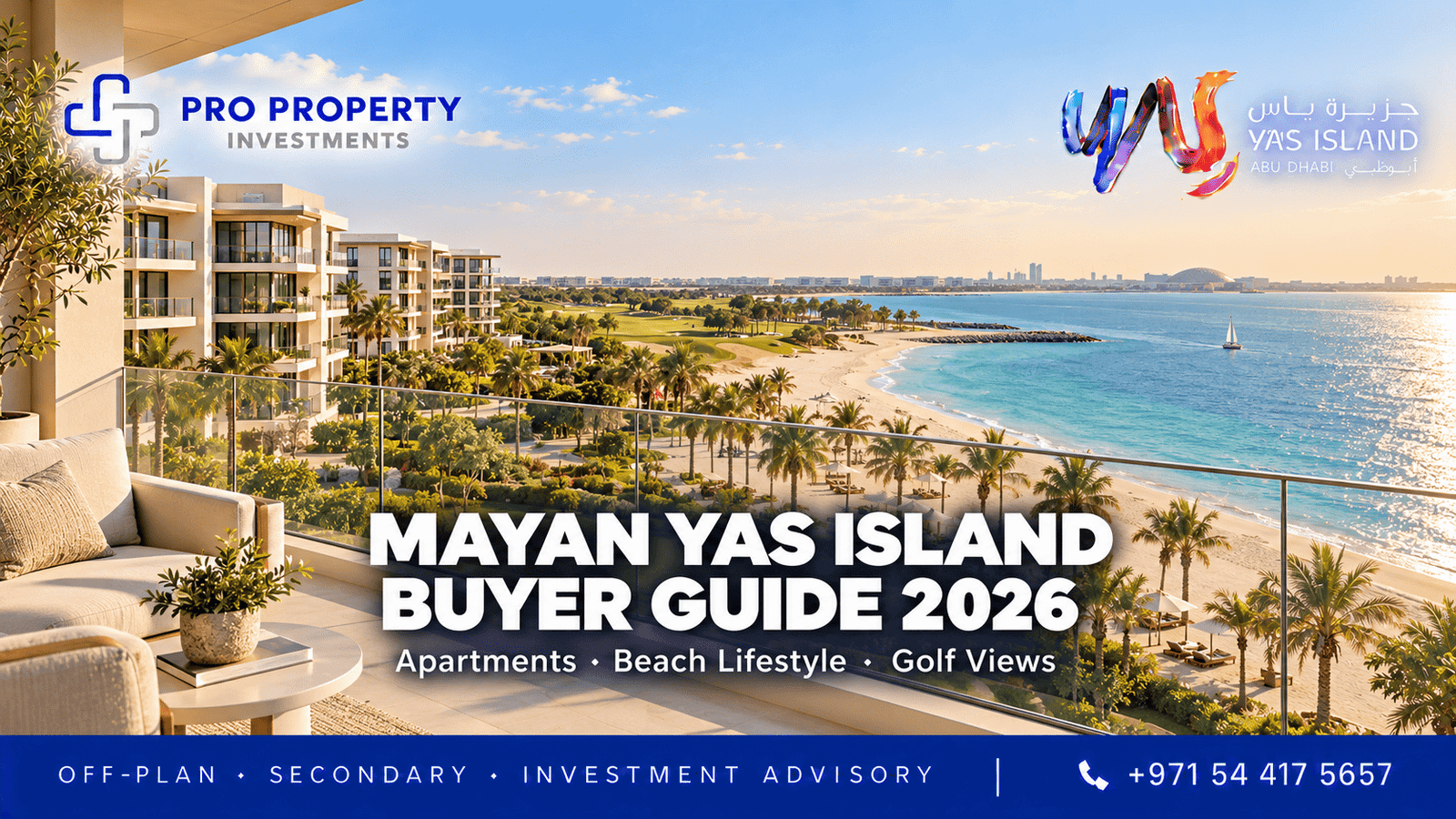 Mayan Yas Island Buyer Guide 2026 cover showing a balcony overlooking a sandy beach, turquoise water and golf greenery.