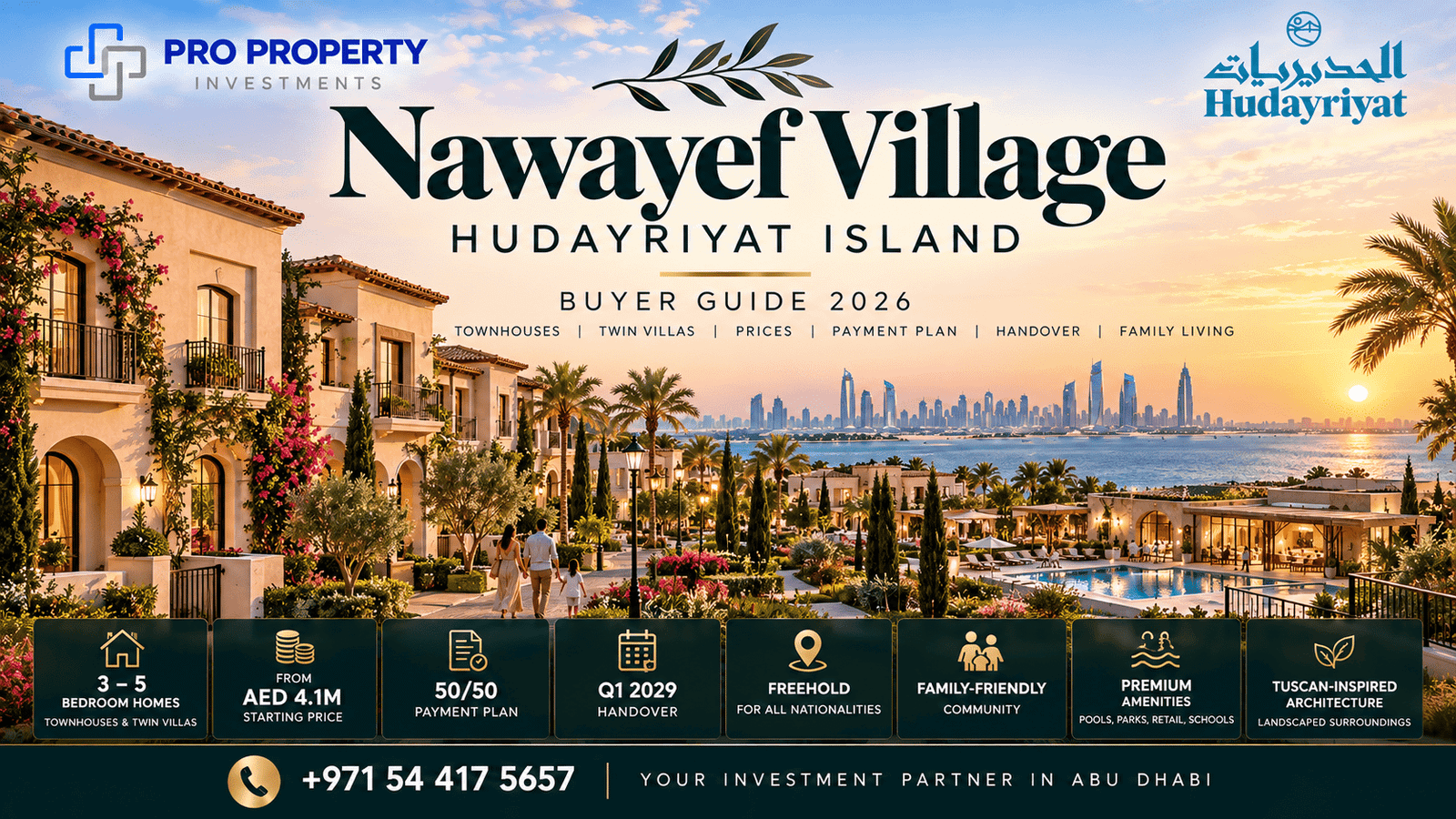 Nawayef Village Hudayriyat Island townhouses and twin villas with landscaped streets, family amenities and Abu Dhabi skyline views.