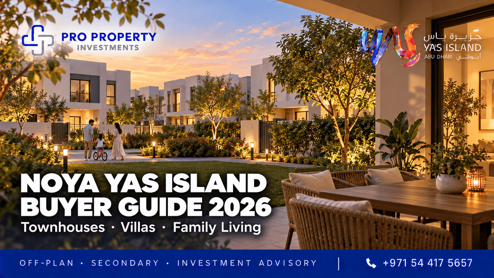 Noya Yas Island Buyer Guide 2026 cover showing contemporary townhouses, a garden patio and a family at sunset.