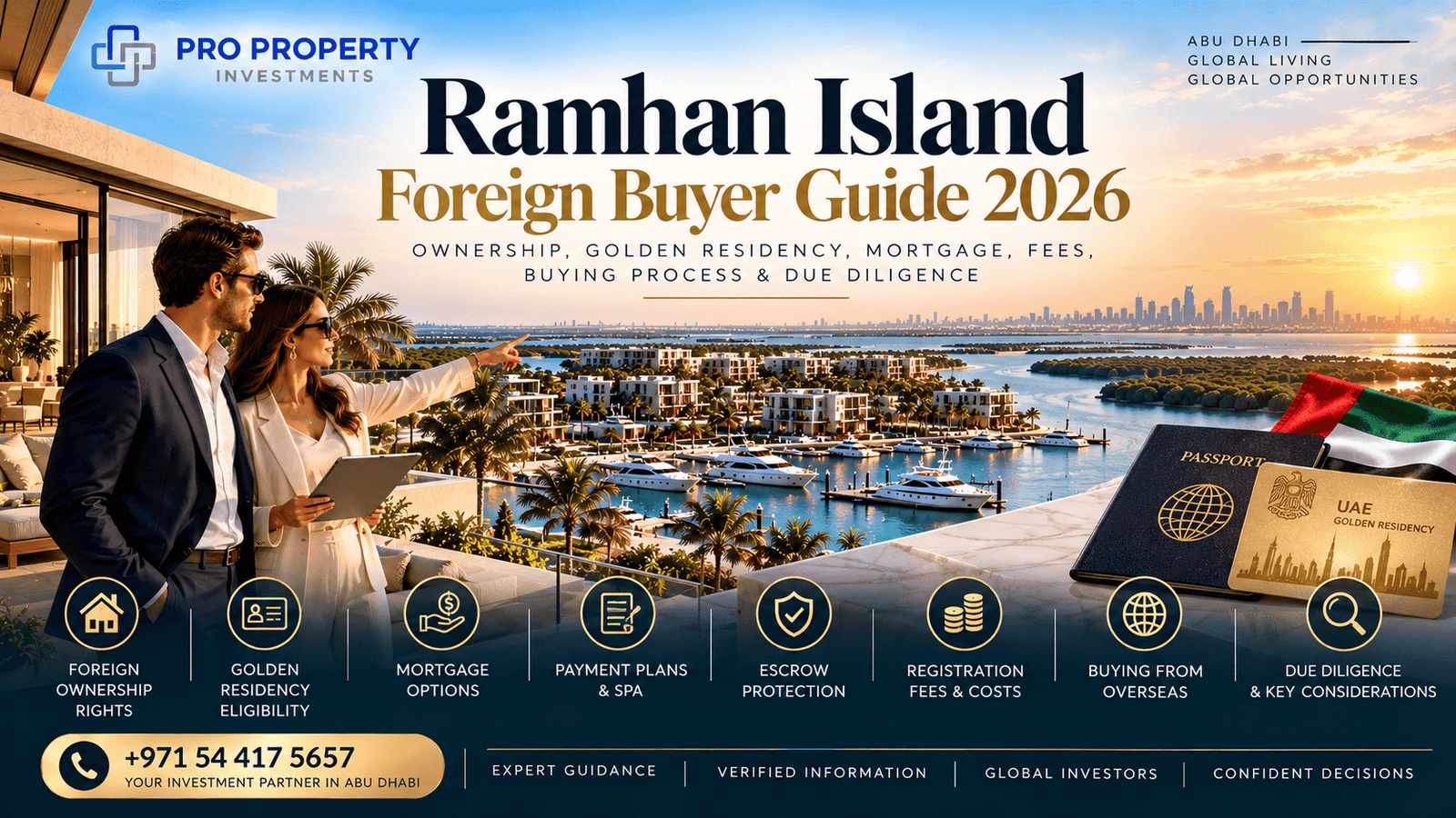 Ramhan Island Foreign Buyer Guide 2026 cover showing luxury waterfront property, marina scenery, international buyers, passport and UAE residency imagery in Abu Dhabi.