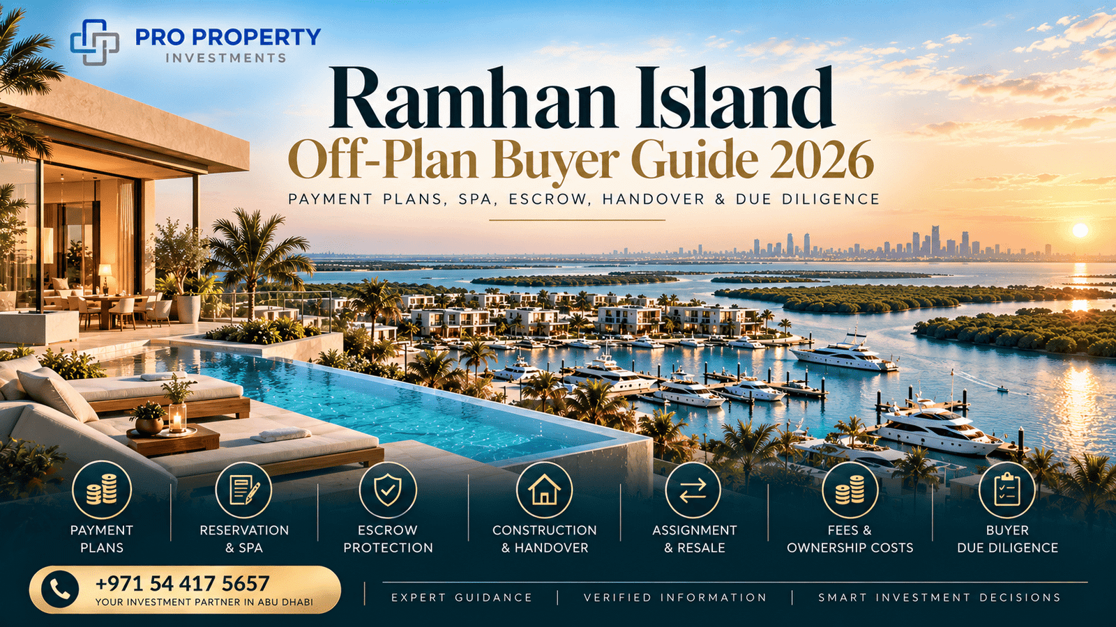 Ramhan Island Off-Plan Buyer Guide 2026 cover showing luxury waterfront villas, marina, yachts and island scenery in Abu Dhabi.