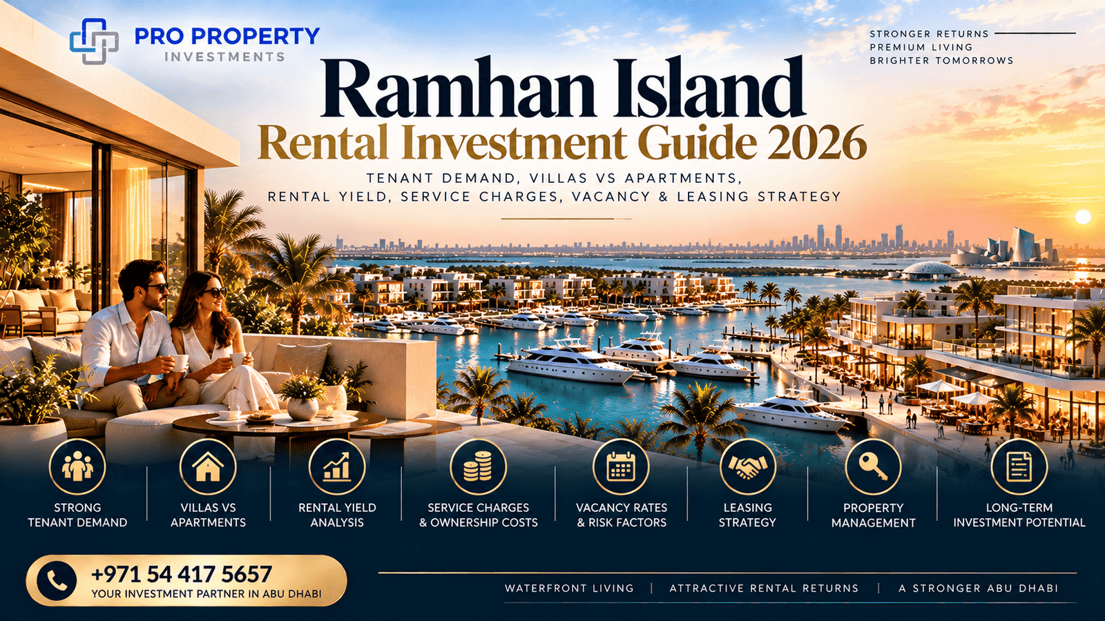 Ramhan Island Rental Investment Guide 2026 cover showing luxury waterfront residences, marina yachts and island lifestyle in Abu Dhabi.