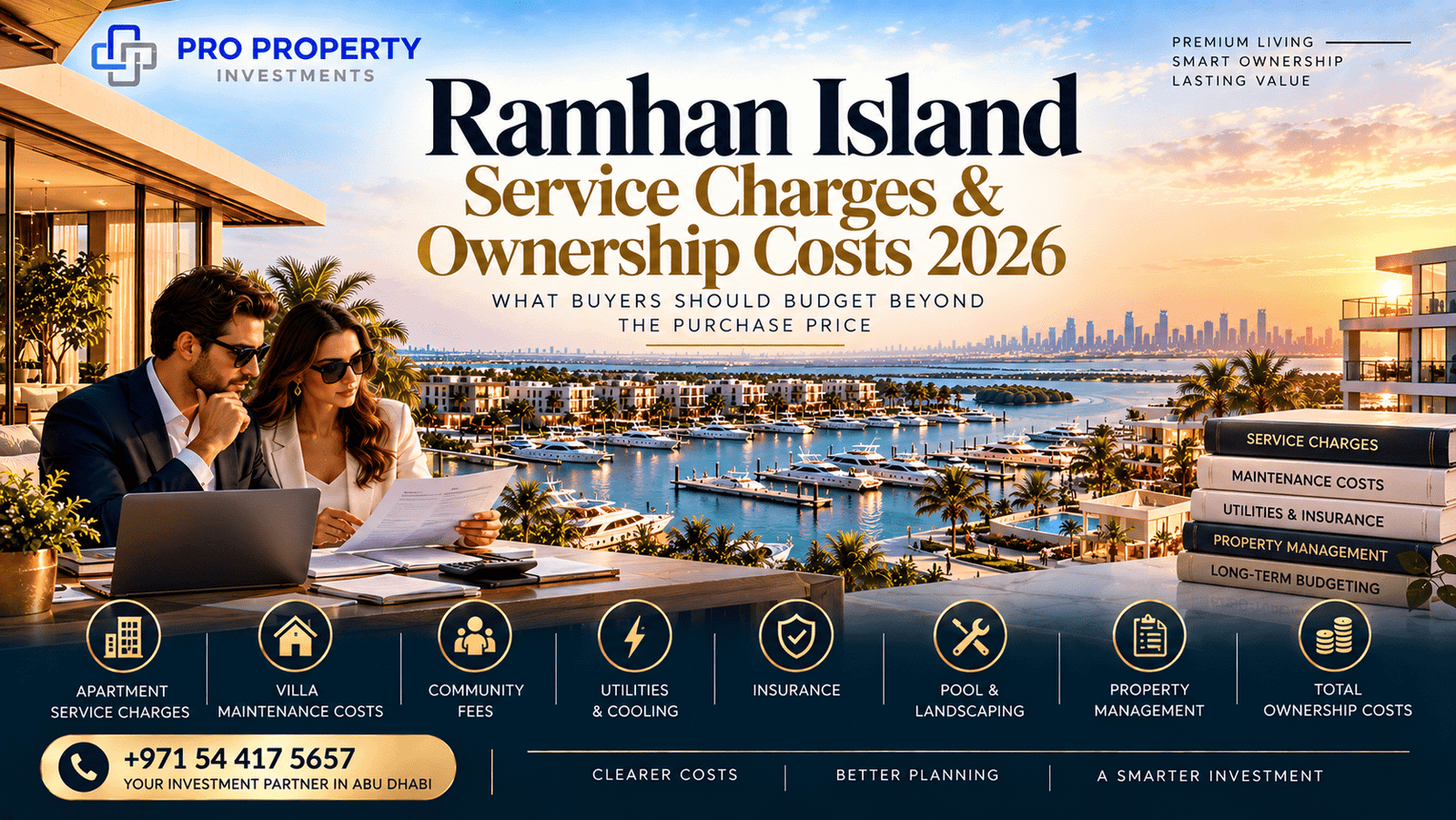 Ramhan Island Service Charges & Ownership Costs 2026 cover showing luxury waterfront residences, marina scenery and buyers reviewing property expenses in Abu Dhabi.