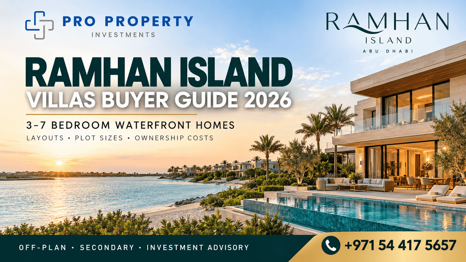 Ramhan Island villas buyer guide 2026 cover featuring a luxury waterfront villa, private pool and island shoreline in Abu Dhabi.