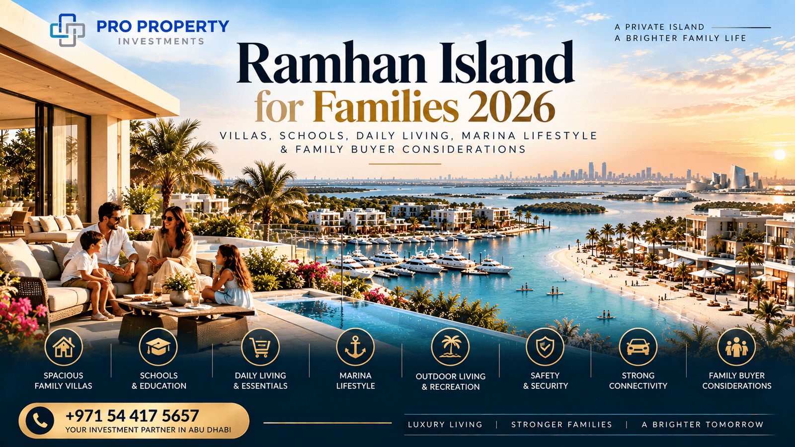 Ramhan Island for Families 2026 cover showing a family at a luxury waterfront villa with marina, beaches, yachts and island scenery in Abu Dhabi.