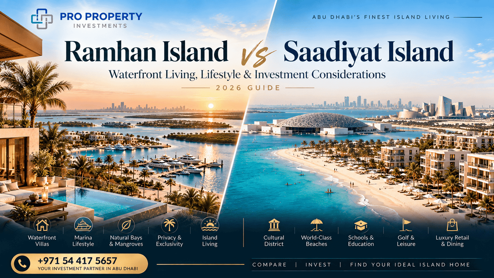 Ramhan Island vs Saadiyat Island 2026 comparison cover showing Ramhan’s waterfront villas, marina and mangroves alongside Saadiyat’s beaches, cultural district and luxury residences in Abu Dhabi.