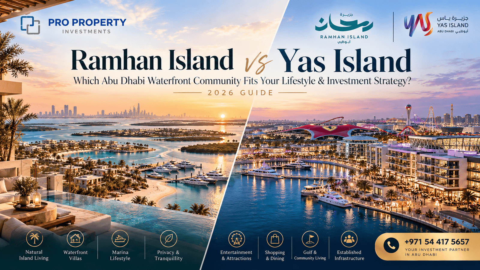 Ramhan Island vs Yas Island 2026 comparison cover showing Ramhan’s luxury waterfront villas and marina alongside Yas Island’s entertainment, residential and marina districts in Abu Dhabi.