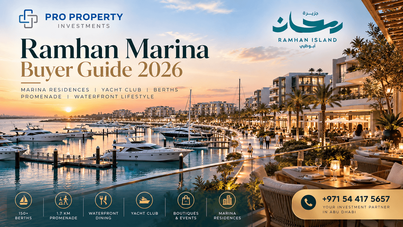Ramhan Marina Buyer Guide 2026 cover featuring luxury marina residences, yachts, waterfront dining and the promenade at Ramhan Island, Abu Dhabi.