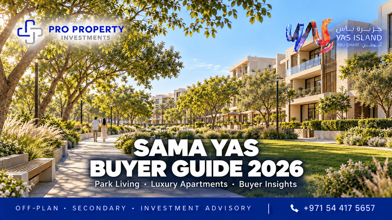 Sama Yas Buyer Guide 2026 cover showing a landscaped park walkway beside contemporary apartments.