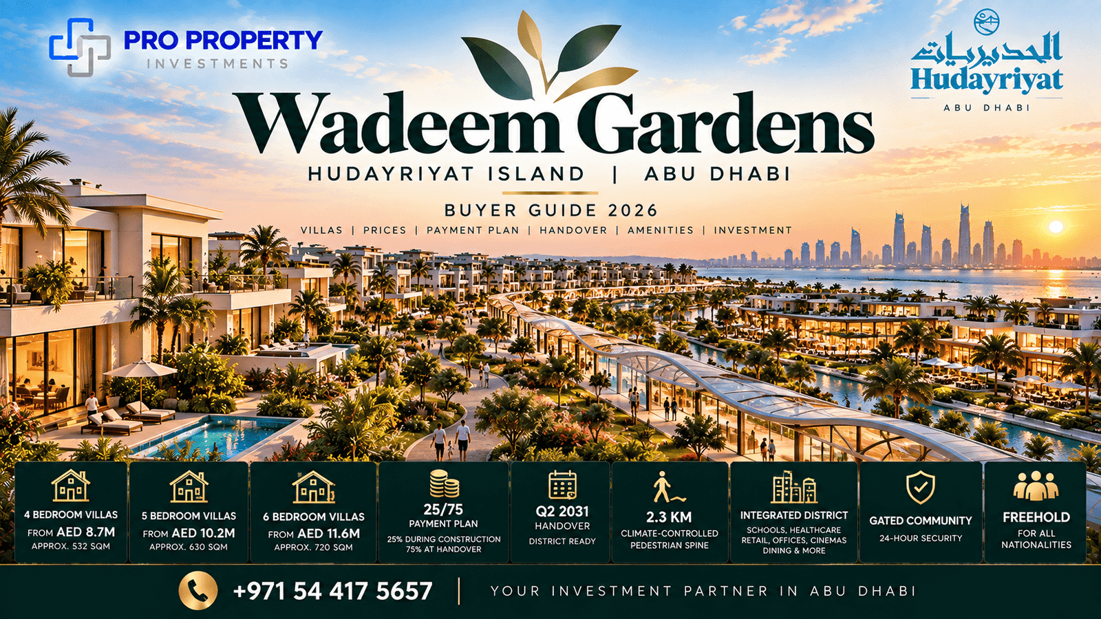 Wadeem Gardens Hudayriyat Island luxury villas with landscaped community, climate-controlled pedestrian spine and Abu Dhabi skyline views.