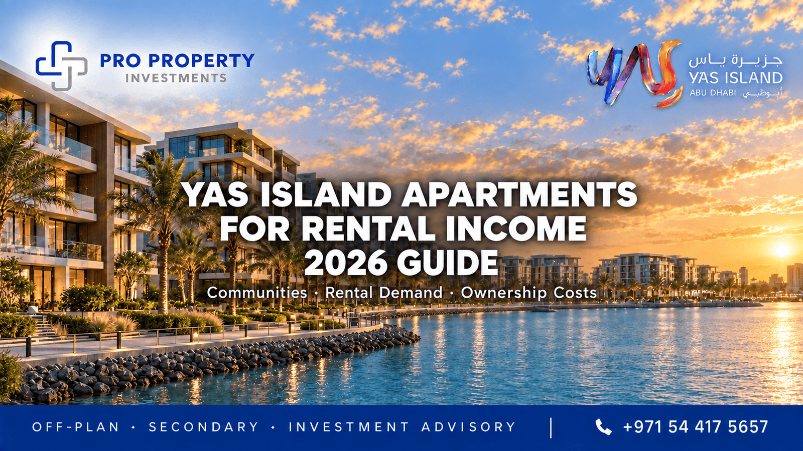 Waterfront apartment scene with the title Yas Island Apartments for Rental Income 2026 Guide and PPI branding.