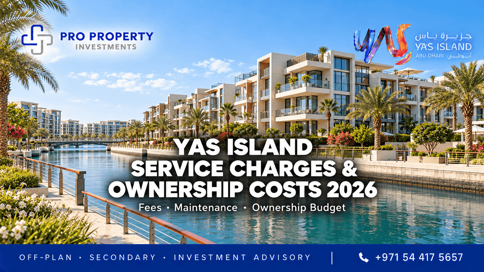 Waterfront apartments and landscaped promenade on the cover of Yas Island Service Charges and Ownership Costs 2026 by PPI.