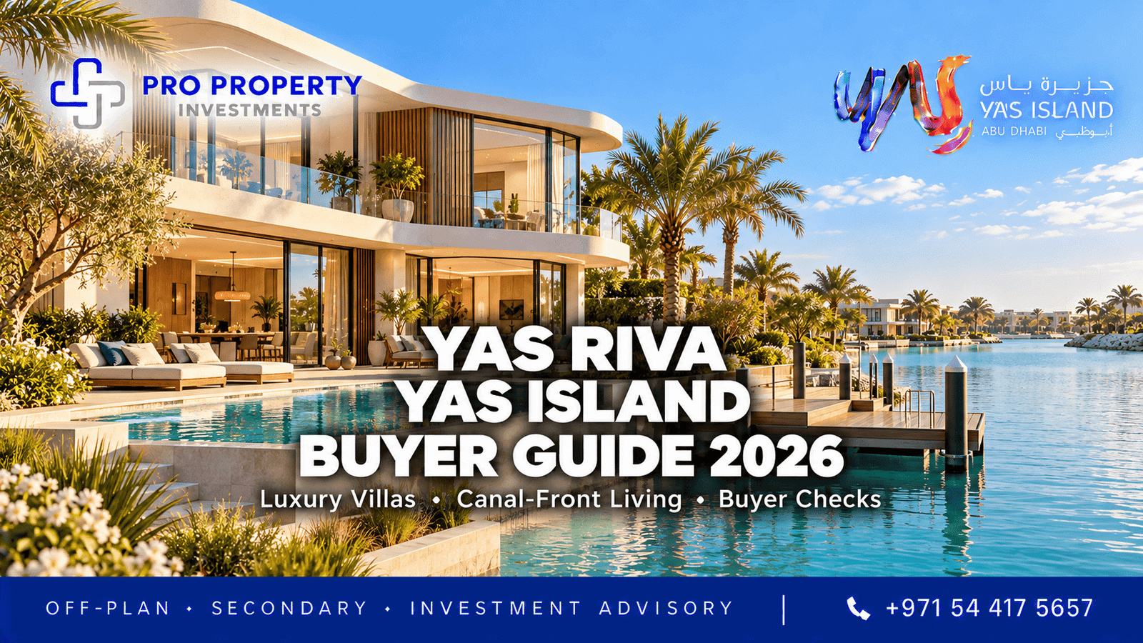 Canal-front villa with a pool and private dock on the Yas Riva Yas Island Buyer Guide 2026 cover.