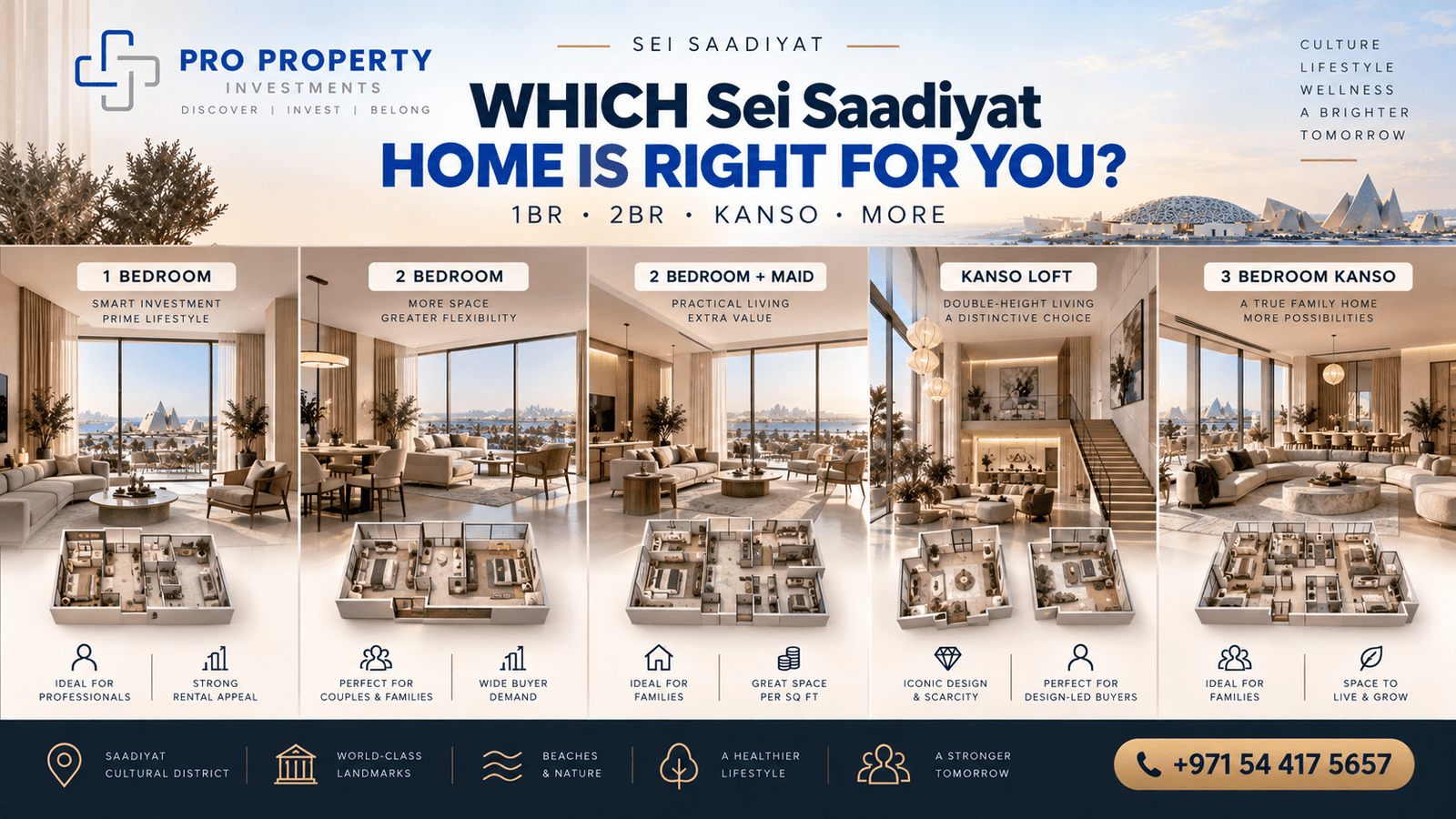 Sei Saadiyat apartment comparison including 1 bedroom 2 bedroom Kanso Loft and Kanso Residence