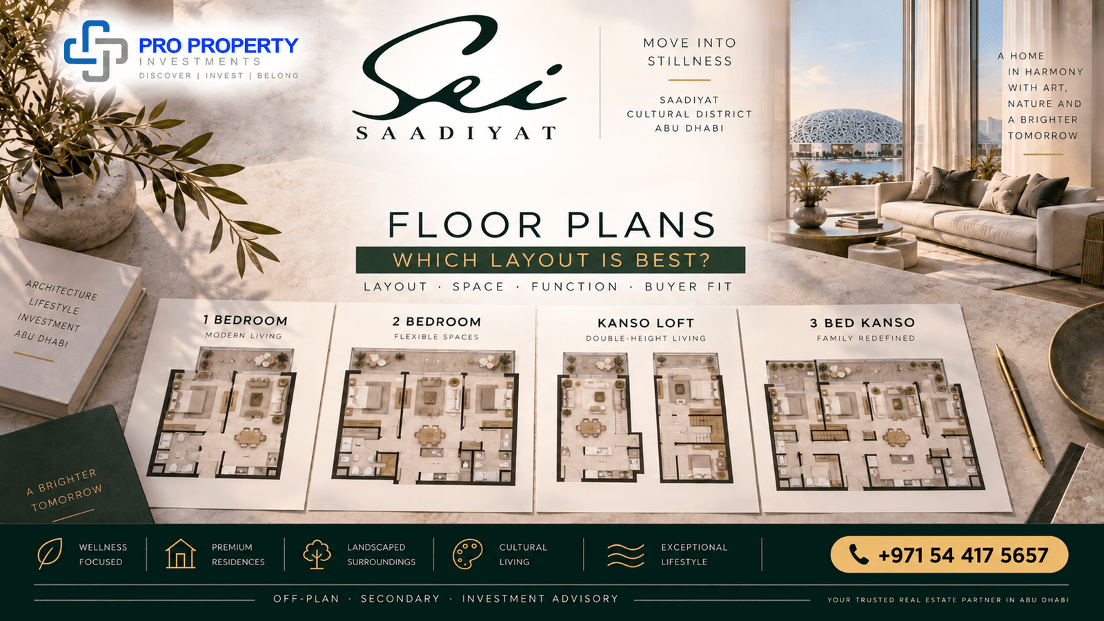 Sei Saadiyat floor plans comparison for 1 bedroom, 2 bedroom, Kanso Loft and 3 bedroom Kanso Residence