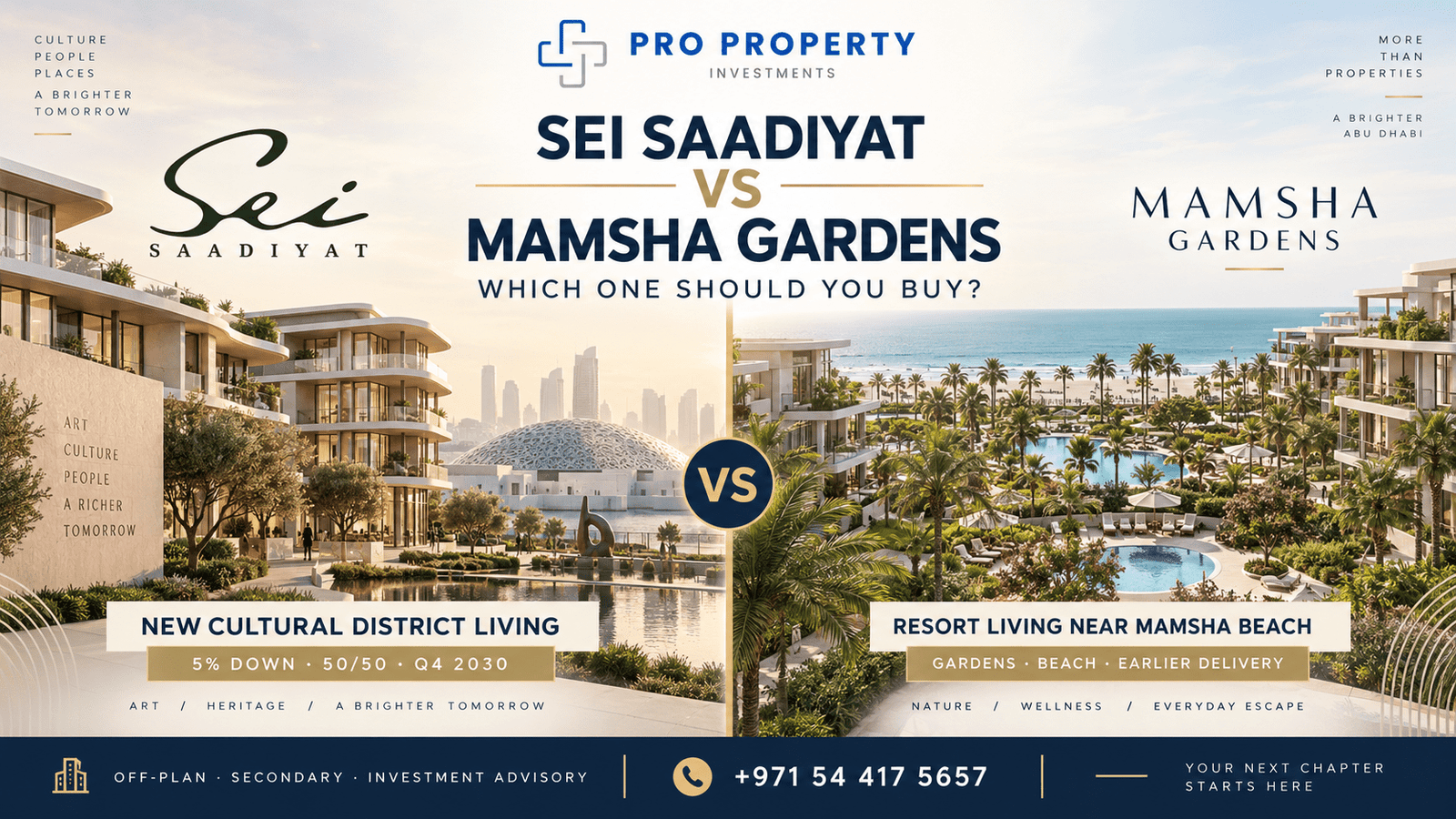 Sei Saadiyat vs Mamsha Gardens comparison for off-plan property buyers on Saadiyat Island Abu Dhabi