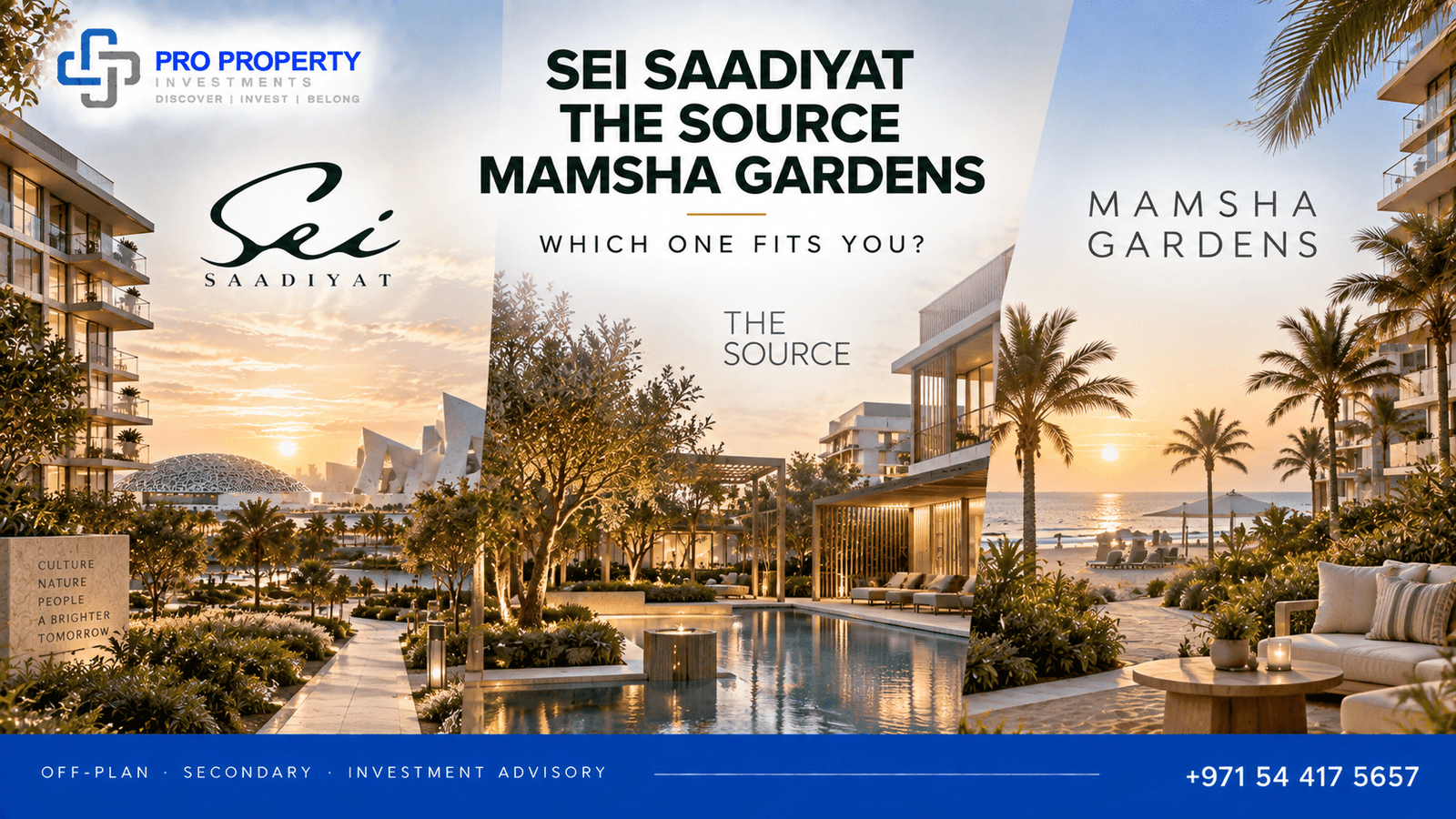 Sei Saadiyat vs The Source vs Mamsha Gardens property comparison in Abu Dhabi