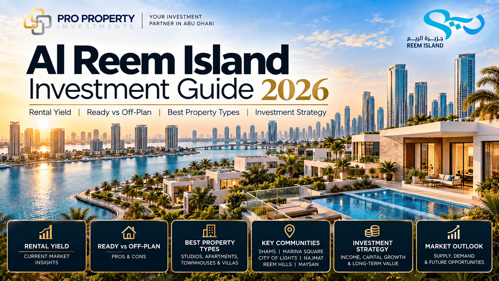 Al Reem Island Investment Guide 2026 showing waterfront apartments, luxury villas, skyline views and residential communities in Abu Dhabi.