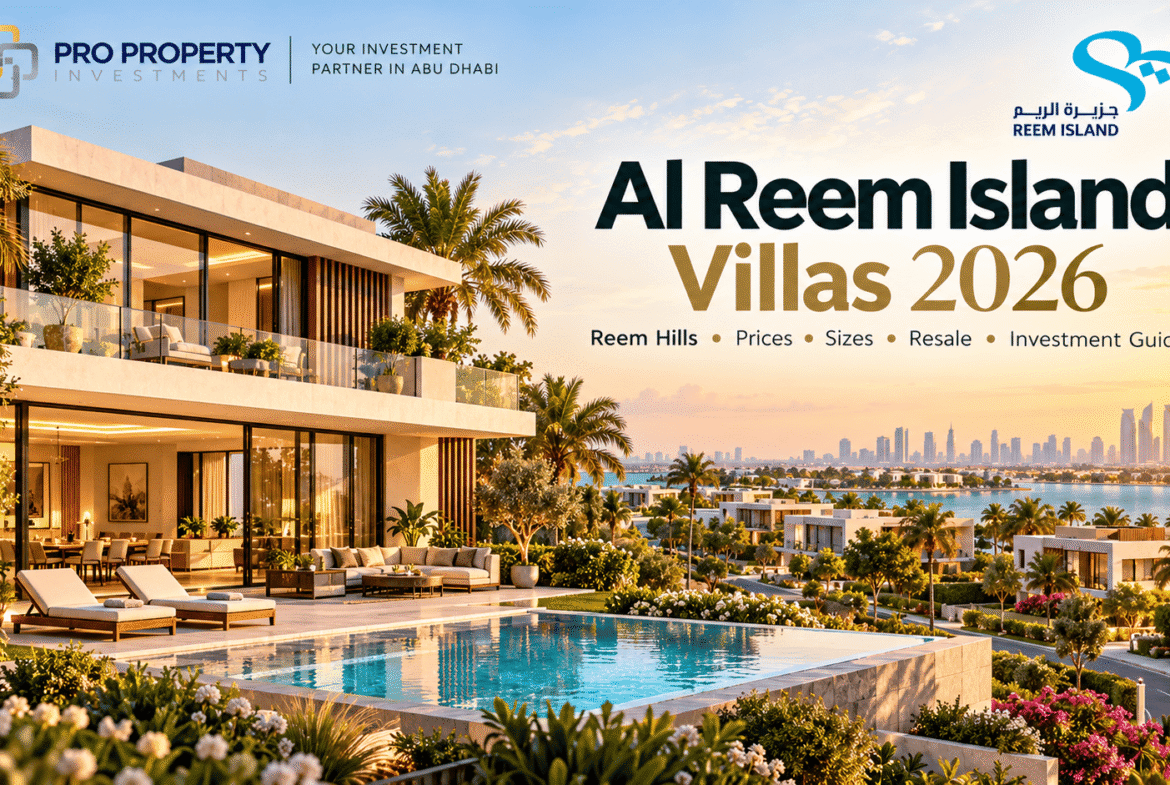 Al Reem Island villas in Reem Hills showing a luxury modern villa with private pool, landscaped surroundings and Abu Dhabi skyline views.