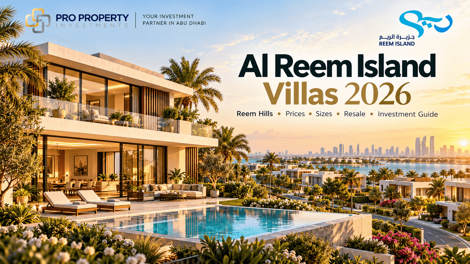 Al Reem Island villas in Reem Hills showing a luxury modern villa with private pool, landscaped surroundings and Abu Dhabi skyline views.