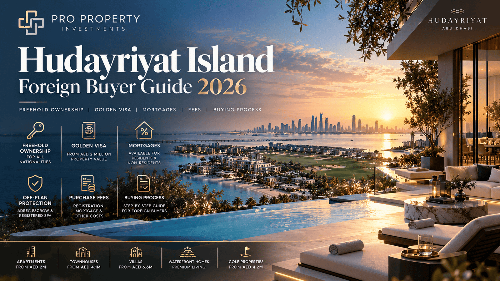 Hudayriyat Island foreign buyer guide showing luxury waterfront villas, golf communities, apartments and Abu Dhabi skyline.