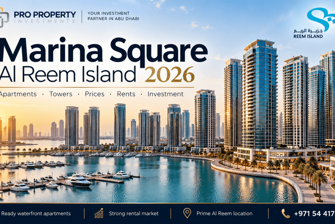 Marina Square on Al Reem Island showing waterfront apartment towers, marina views, yachts and the Abu Dhabi skyline.