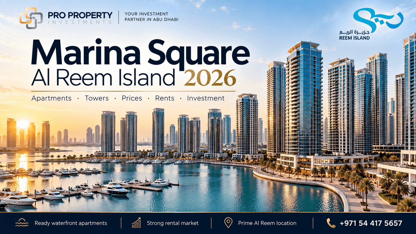 Marina Square on Al Reem Island showing waterfront apartment towers, marina views, yachts and the Abu Dhabi skyline.