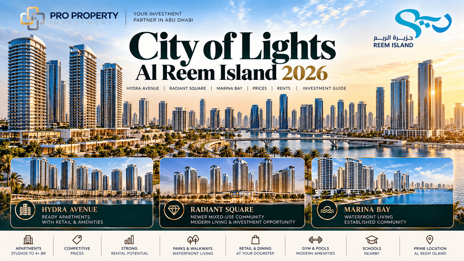 City of Lights on Al Reem Island showing waterfront towers, Hydra Avenue, Radiant Square, Marina Bay and Abu Dhabi skyline views.